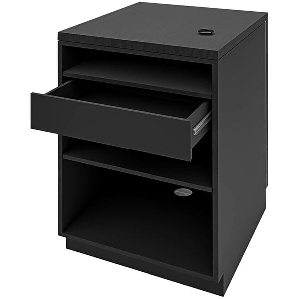 A black rectangular cash wrap retail counter with a drawer.