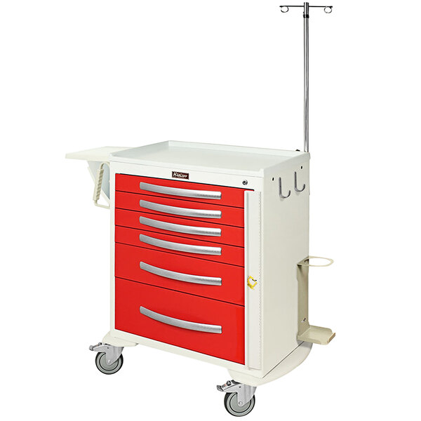 A red medical cart with drawers and breakaway lock.