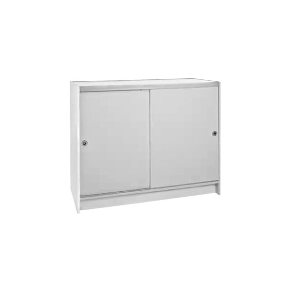 A white cabinet with two safety glass shelves.