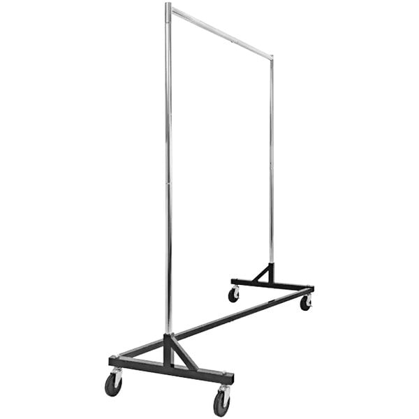 A black metal Econoco garment Z-rack with wheels.