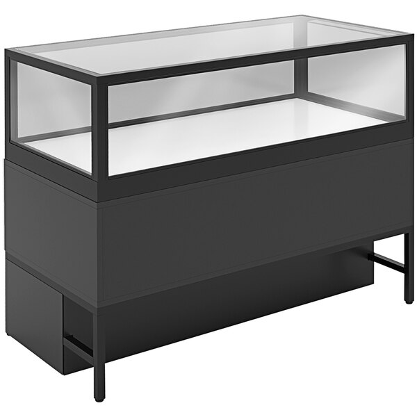 A black front privacy panel for a glass display case.