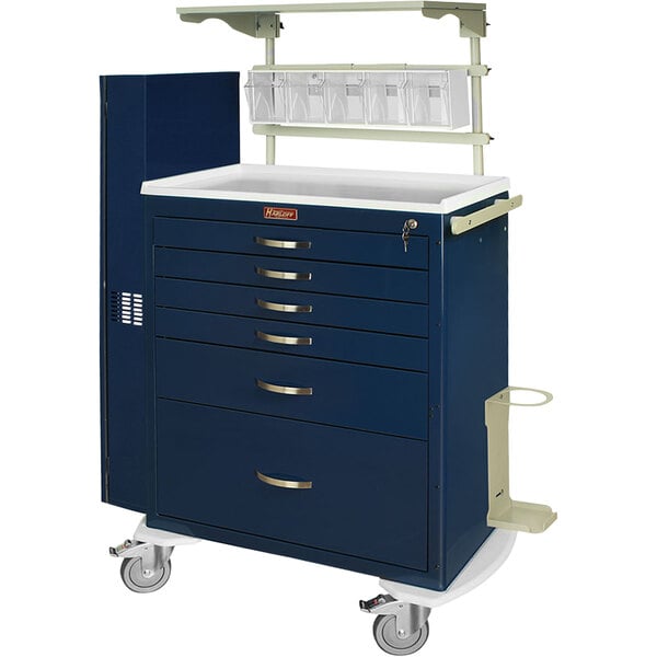 A blue Harloff medical cart with drawers and a white top.