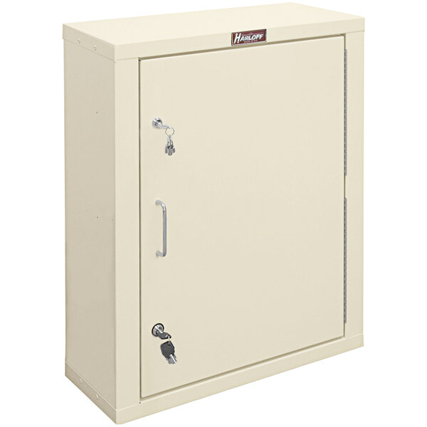 A beige metal Harloff narcotics cabinet with 2 key locks.