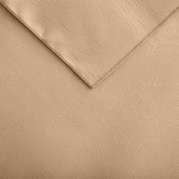 A tan Snap Drape Windsor Damask table cover with folded edges.