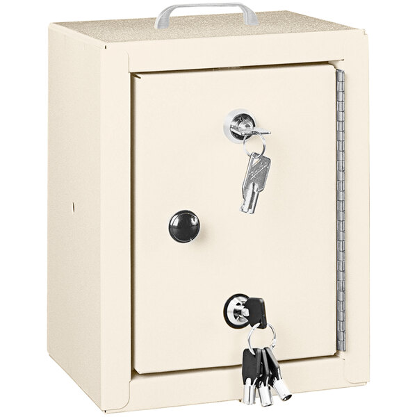 A white metal Harloff narcotics cabinet with 2 key locks.