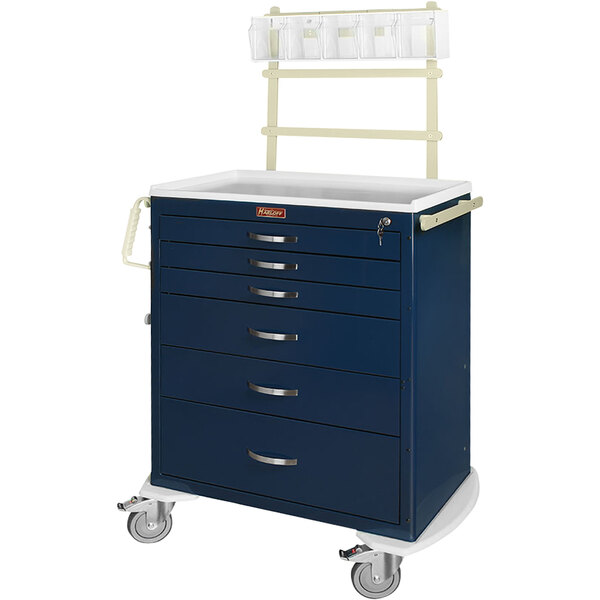 A blue Harloff medical cart with 6 drawers and a key lock.