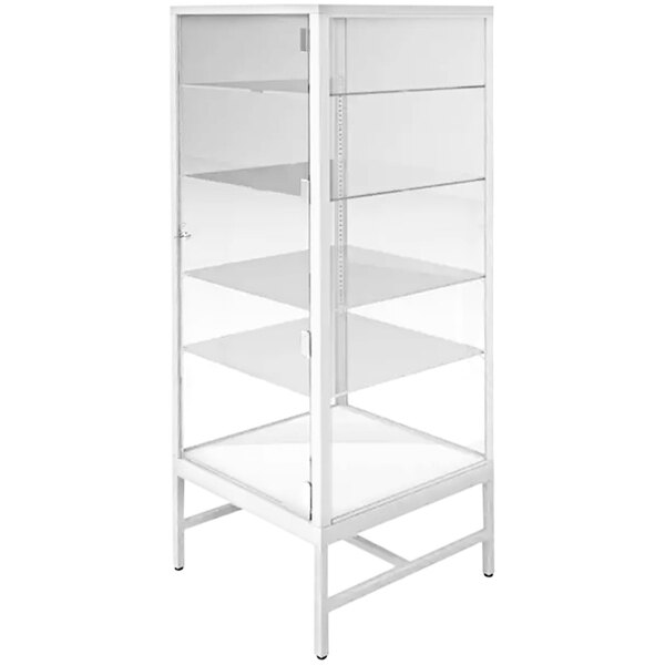 A white glass showcase tower with shelves.