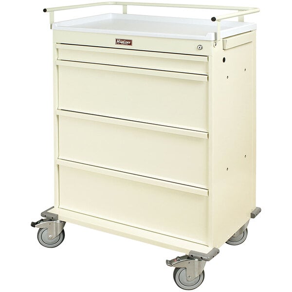 A white Harloff medication cart with four drawers.