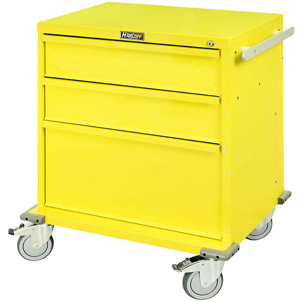 A yellow Harloff 3-drawer medical cart on wheels with key lock.