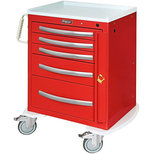 A red Harloff medical cart with five drawers on wheels.