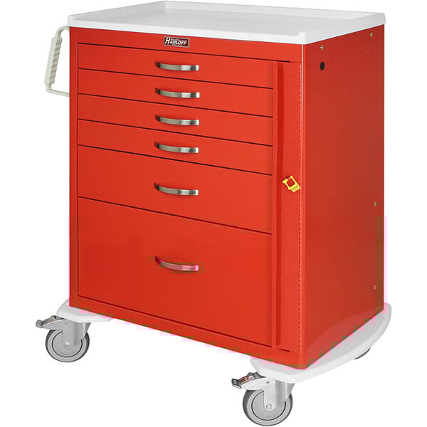 A red Harloff medical cart with six drawers and wheels.