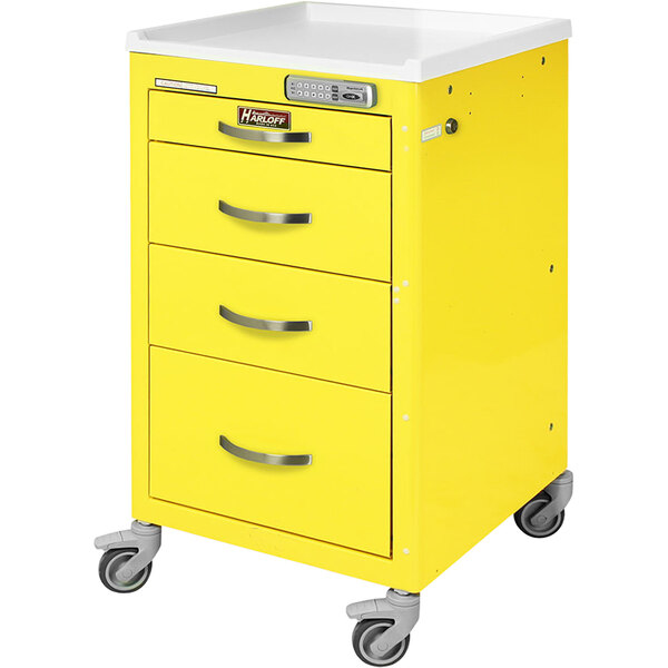 A yellow Harloff medical cart with four drawers.