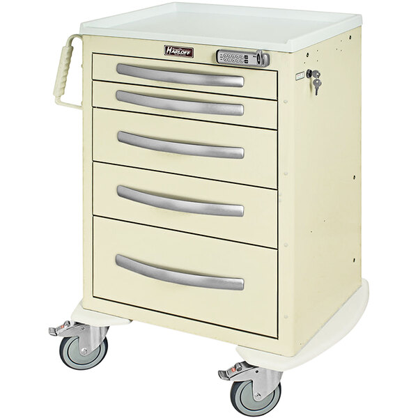 A white metal Harloff medical cart with five drawers and a handle.