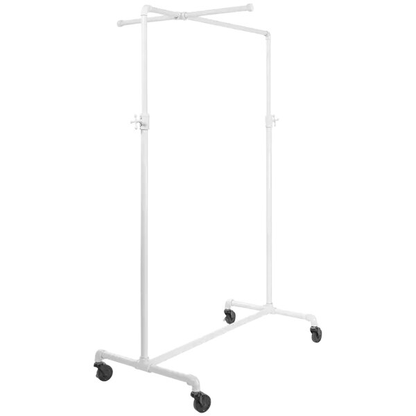 A white metal Econoco garment rack with black wheels.