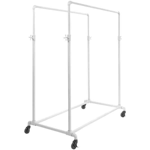 A white metal Econoco ballet garment rack with wheels.