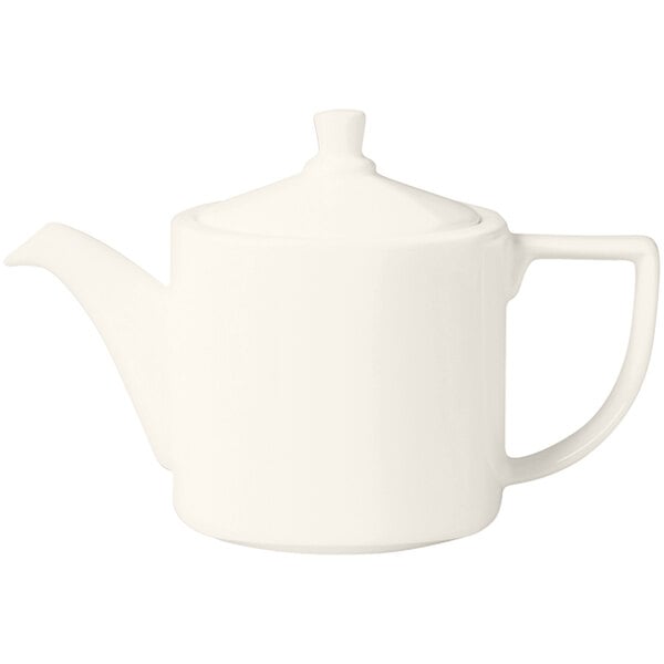 A white RAK Porcelain teapot with a handle and lid.