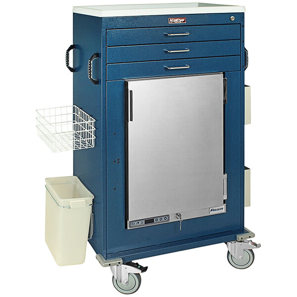 A blue Harloff medical cart with drawers and a refrigerator.