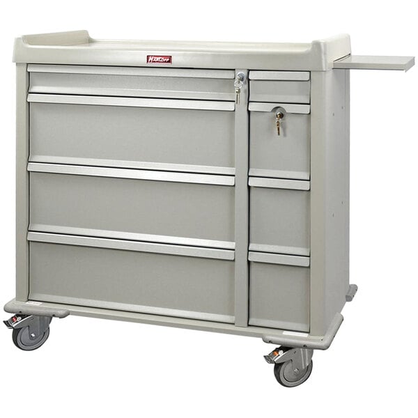 A gray Harloff medication cart with wheels and drawers.