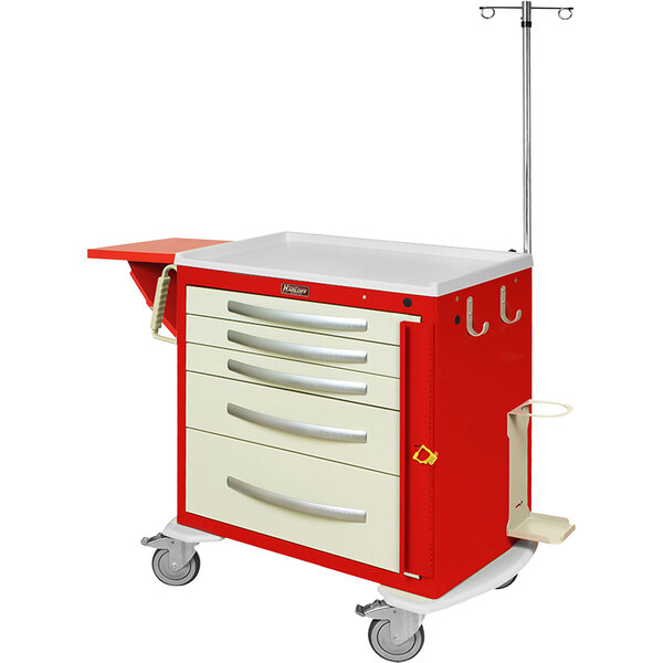 A red Harloff medical cart with drawers and wheels.