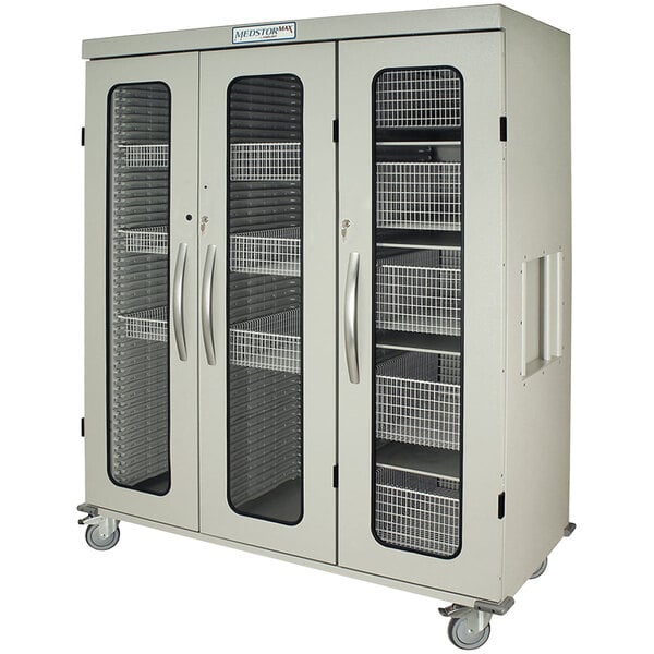 A large white Harloff medical storage cabinet with shelves.