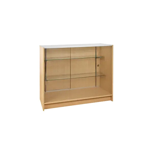 A maple wooden cabinet with glass shelves.