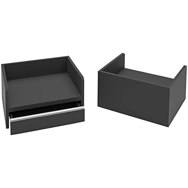 A black register well with a drawer and a closed box.