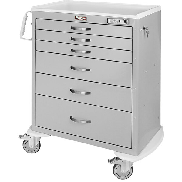 A grey metal anesthesia cart with 6 drawers.