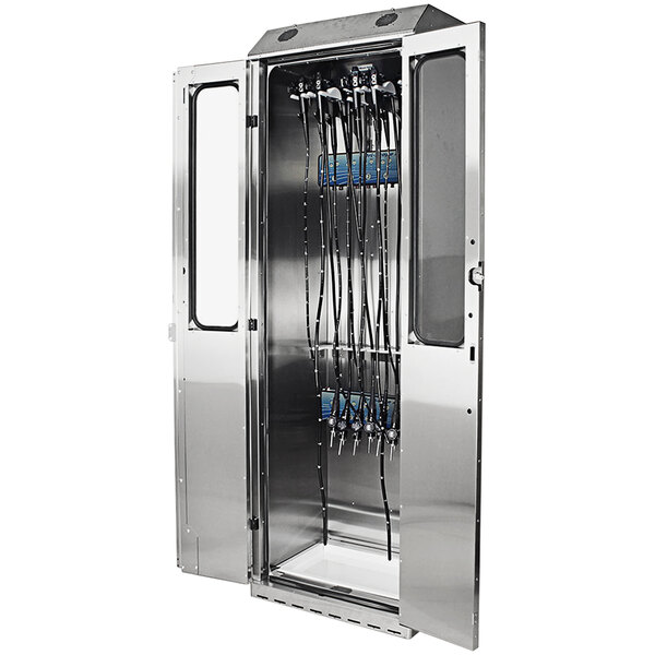 A stainless steel Harloff drying cabinet with a door and wires inside.