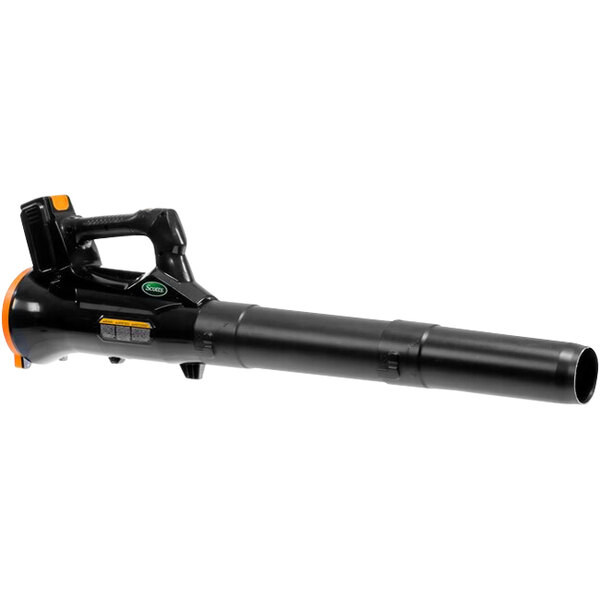 A black and orange Scotts 20V leaf blower with a black tube and knobs.