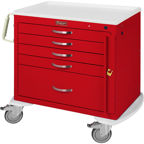 A red Harloff medical cart with five drawers and wheels.