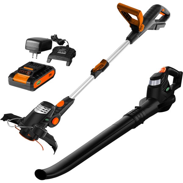A black and orange Scotts cordless string trimmer and blower.