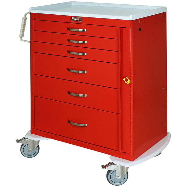 A red Harloff medical cart with six drawers and wheels.