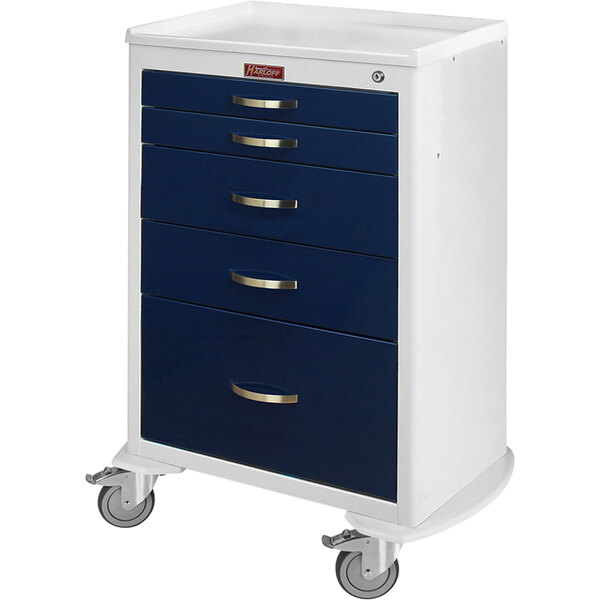 A blue and white Harloff anesthesia cart with wheels.