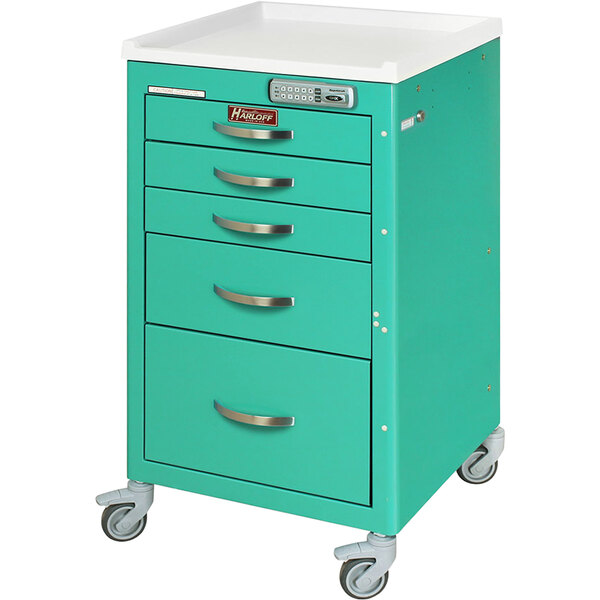 A blue medical cart with four drawers.