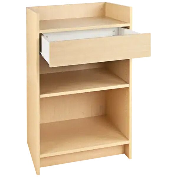 A wooden register stand with a shelf and drawer.