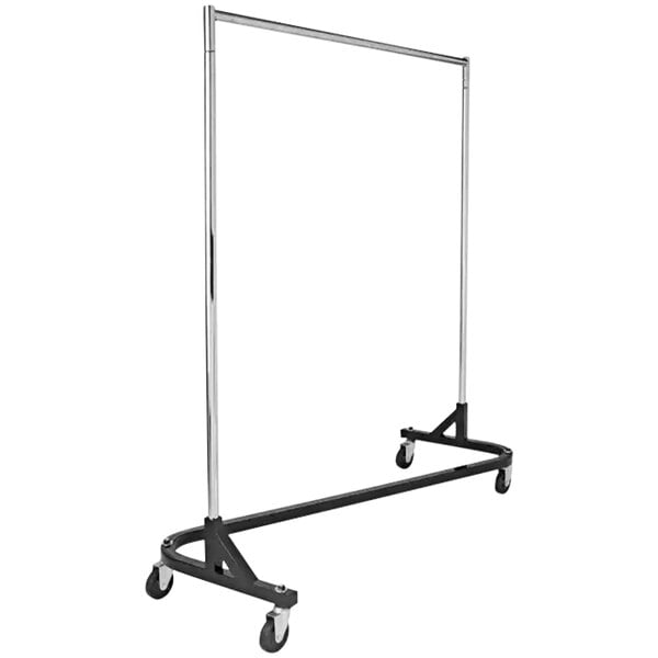 A black metal Econoco garment Z-rack with wheels.