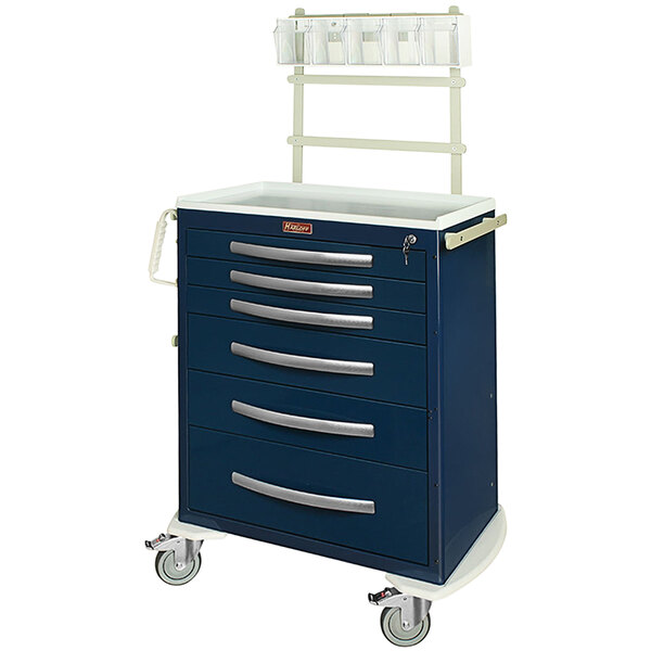 A blue and silver Harloff anesthesia cart with drawers and wheels.