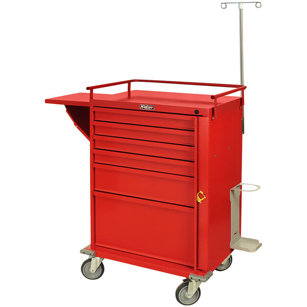 A red Harloff medical cart with six drawers and a tray.