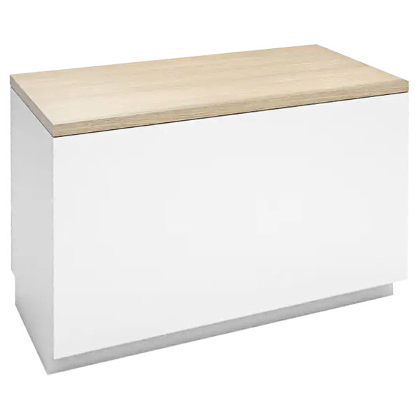 A white rectangular cabinet with a wooden top and 8 drawers.