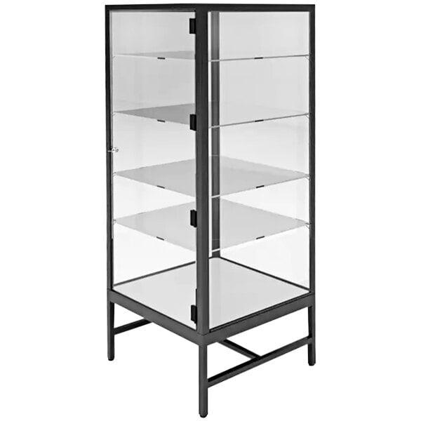 A black Econoco glass showcase tower with 4 shelves.