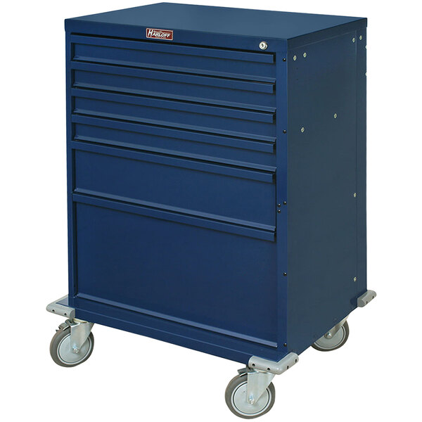 A blue Harloff medical procedure cart with wheels and key lock.