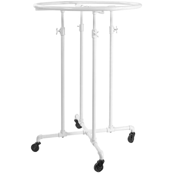 An Econoco gloss white round bar garment rack with black wheels.