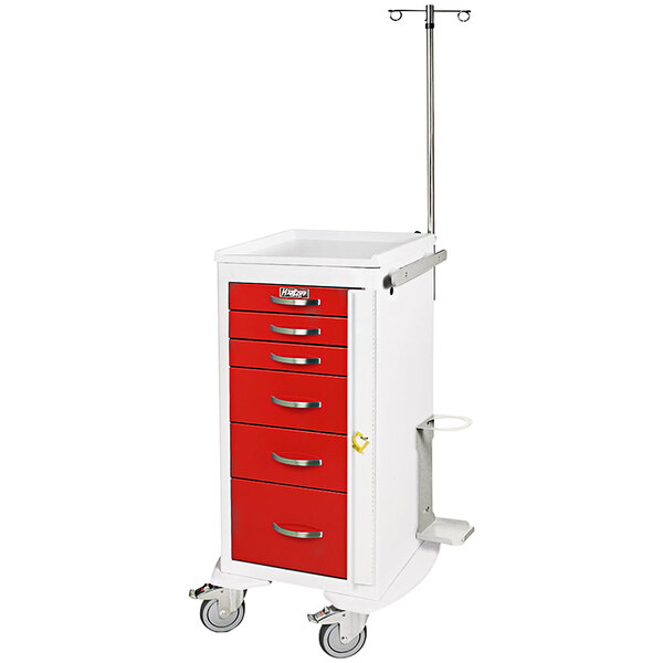 A red and white Harloff medical cart with 6 drawers.