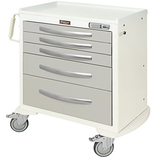 A white Harloff medical cart with 5 drawers.