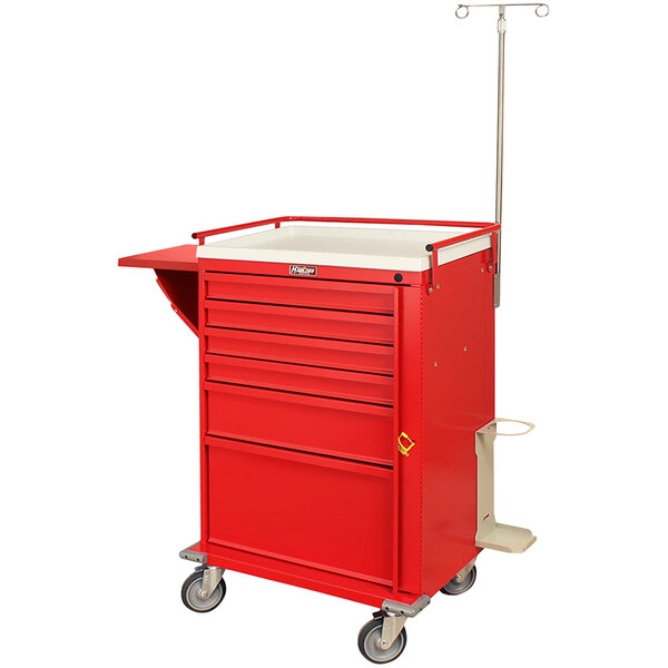 A red medical cart with a white plastic top.