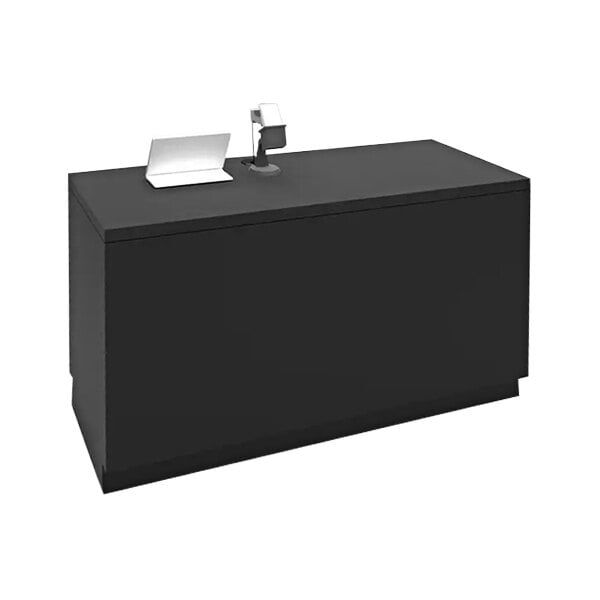 A black rectangular desk with 4 drawers and 4 shelves.