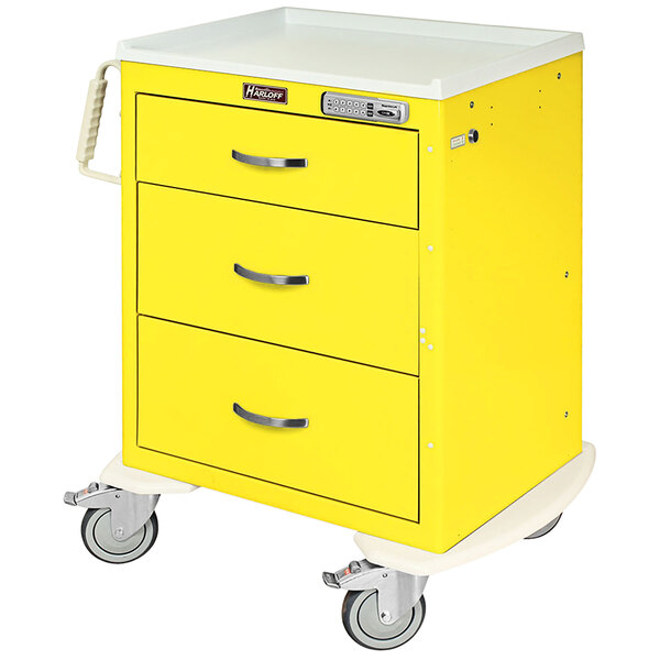 A yellow Harloff medical isolation cart with three drawers.