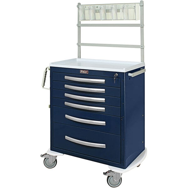 A blue Harloff anesthesia cart with drawers and wheels.