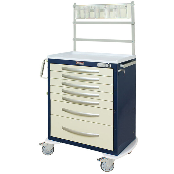 A Harloff medical cart with drawers and wheels.