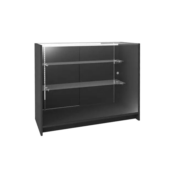 A black Econoco showcase with glass shelves.